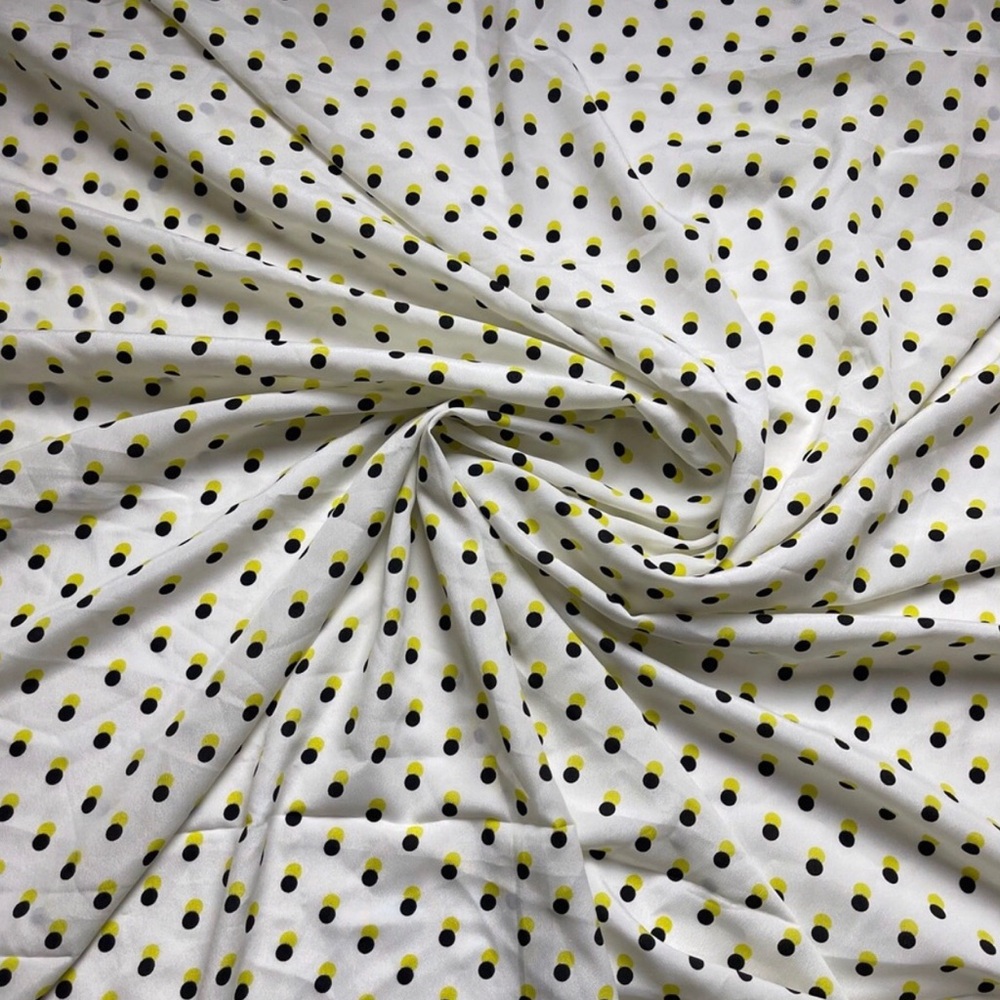 White Poly Print Fabric with Yellow and Black Polka Dots